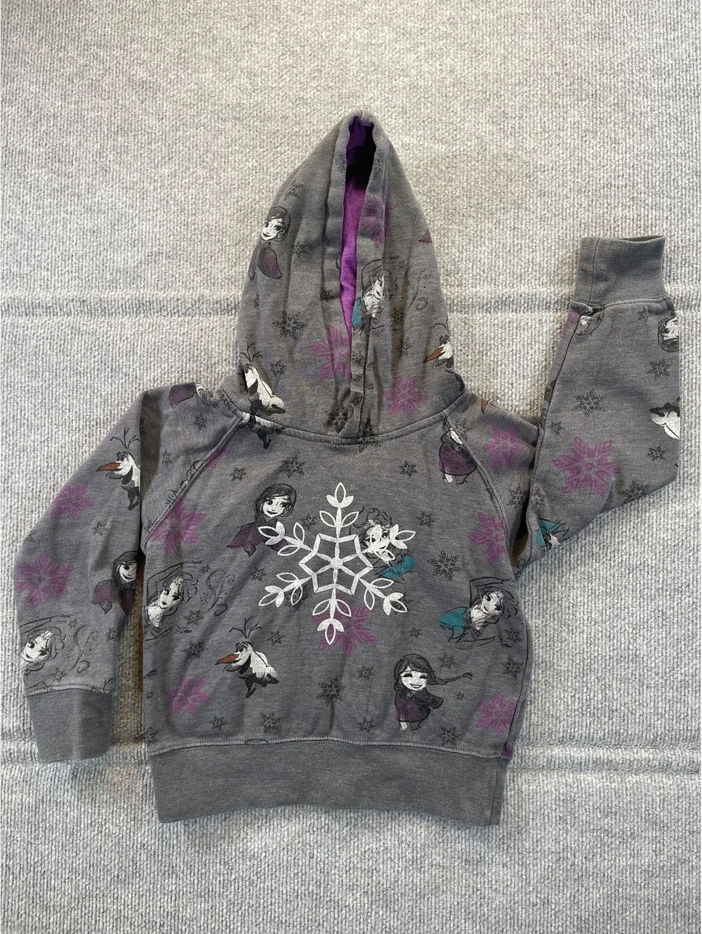Disney Frozen Hoodie Sweatshirt Girls Size 5/6 Anna Elsa Olaf Snowflake Grey